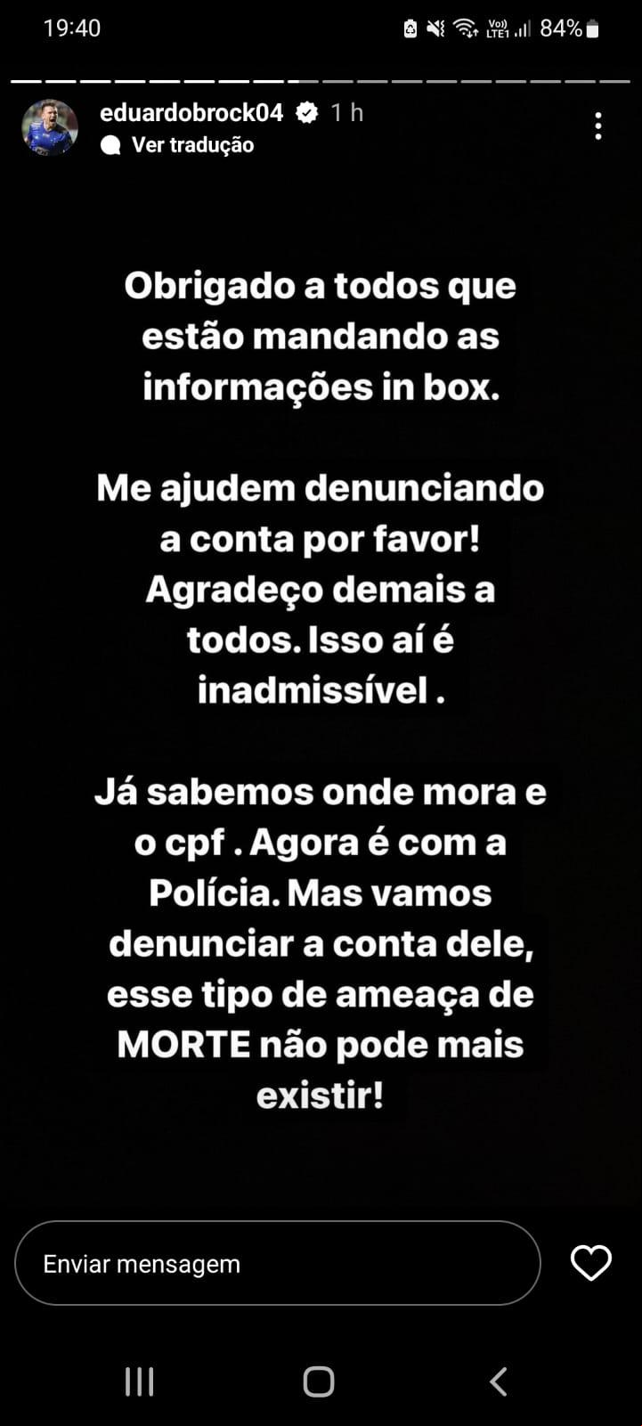 Resposta de Brock após ameaça (Reprodução/Instagram)