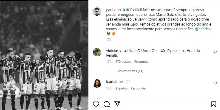 Paulinho usa as redes para afirmar que Galo vai se reerguer após eliminação (Reprodução / Instagram Paulinho)
